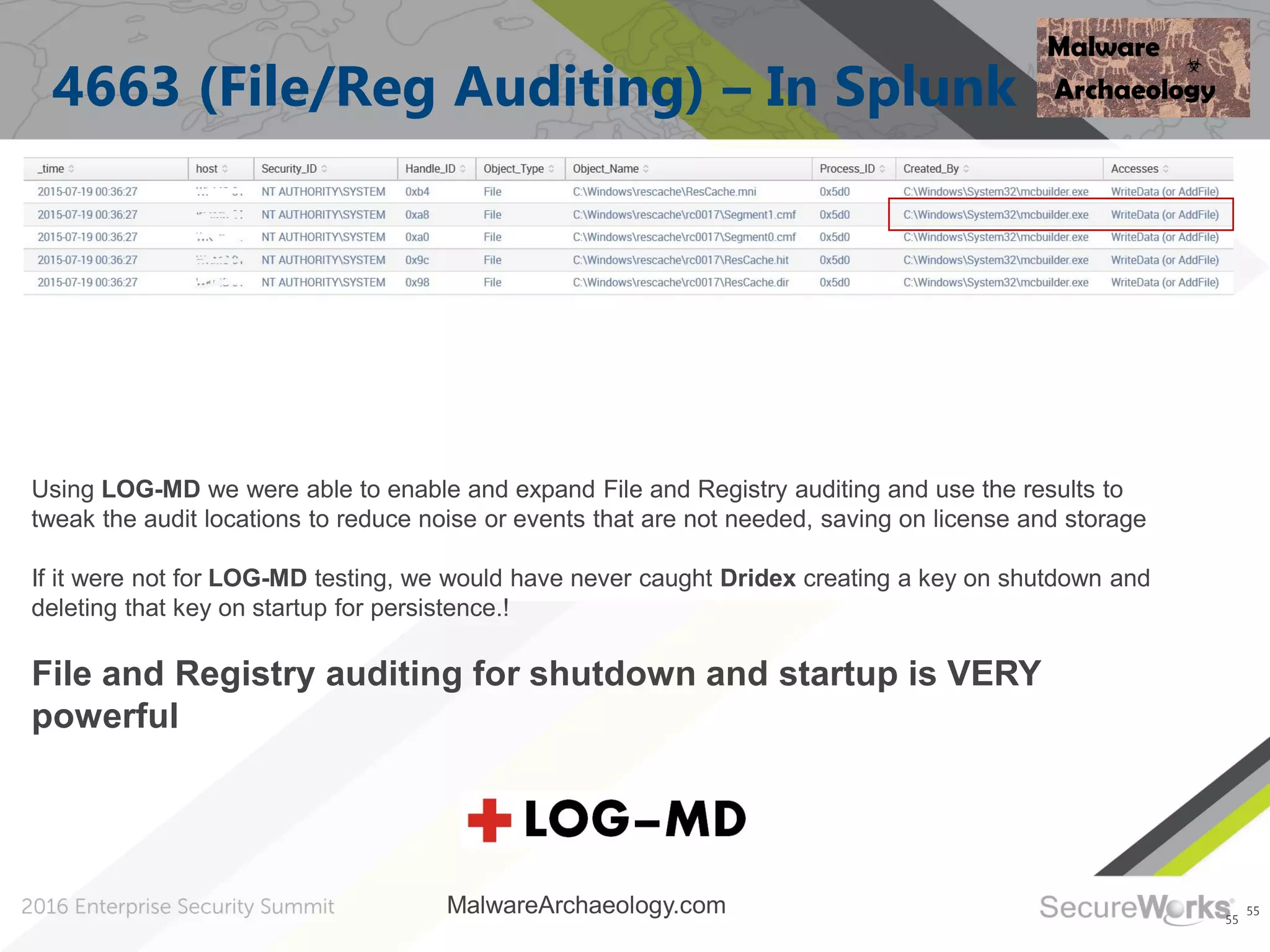 55
4663 (File/Reg Auditing) – In Splunk
55
Using LOG-MD we were able to enable and expand File and Registry auditing and use the results to
tweak the audit locations to reduce noise or events that are not needed, saving on license and storage
If it were not for LOG-MD testing, we would have never caught Dridex creating a key on shutdown and
deleting that key on startup for persistence.!
File and Registry auditing for shutdown and startup is VERY
powerful
MalwareArchaeology.com
 