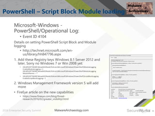 39
PowerShell – Script Block Module loading
Microsoft-Windows -
PowerShell/Operational Log:
• Event ID 4104
Details on set...