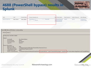 48
4688 (PowerShell bypass) results in
Splunk
48
MalwareArchaeology.com
 