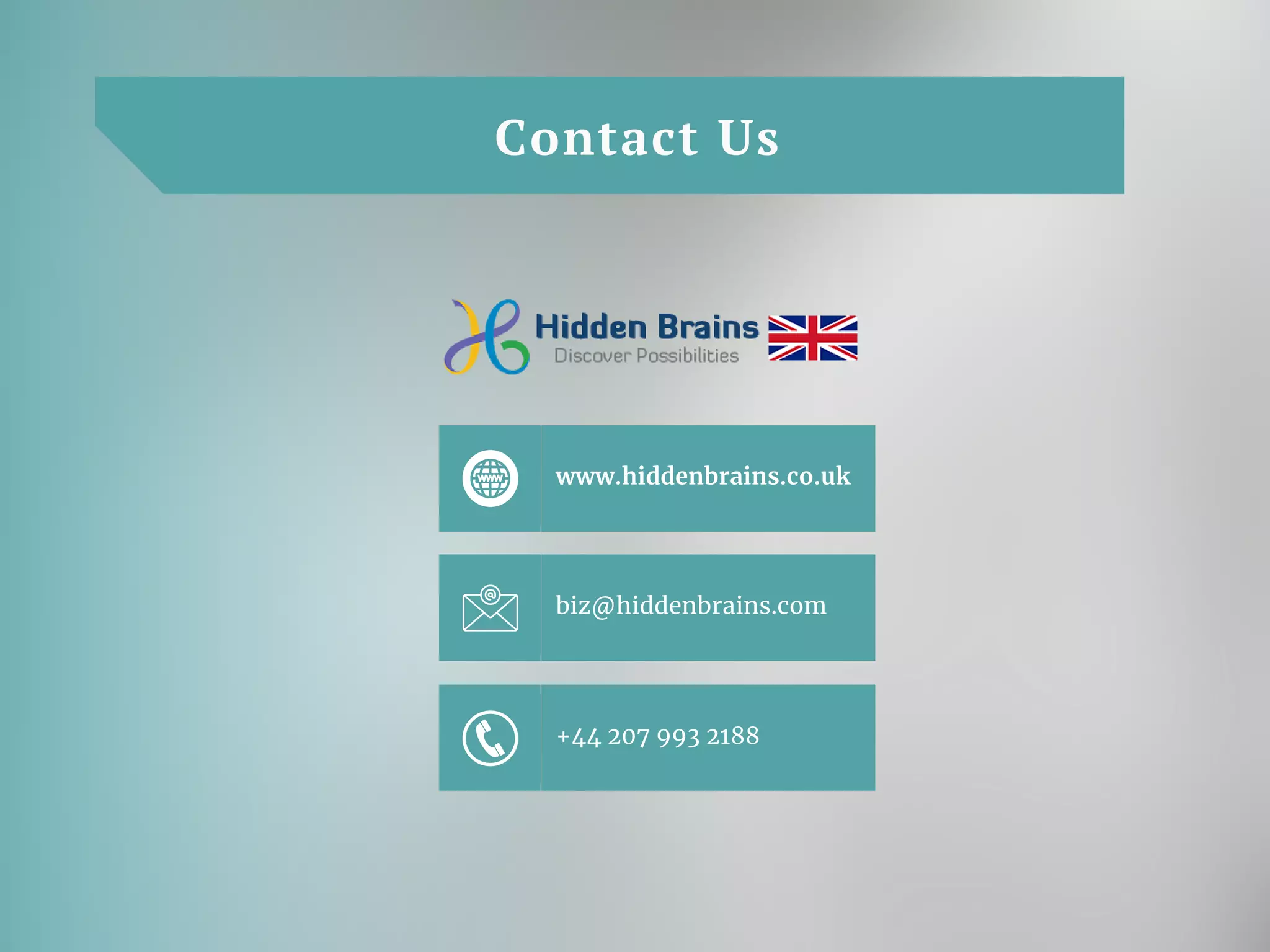 Contact Us
www.hiddenbrains.co.uk
biz@hiddenbrains.com
+44 207 993 2188
 
