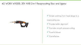  Simple switching from head design to a
reciprocating saw
 Provides better alignment
 Promotes smooth precision-cutting
 Powerful blower
 Cost-effective
 