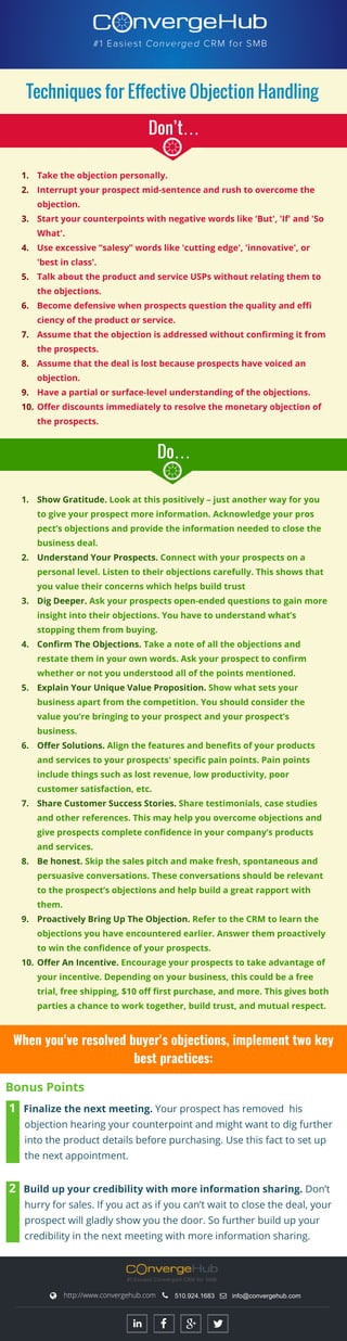 TechniquesforEffectiveObjectionHandling
Don’t…
Do…
1. Taketheobjectionpersonally.
2. Interruptyourprospectmid-sentenceandrushtoovercomethe
objection.
3. Startyourcounterpointswithnegativewordslike'But','If'and'So
What'.
4.4. Useexcessive“salesy”wordslike'cuttingedge','innovative',or
'bestinclass'.
5. TalkabouttheproductandserviceUSPswithoutrelatingthem to
theobjections.
6. Becomedefensivewhenprospectsquestionthequalityandeﬃ
ciencyoftheproductorservice.
7.7. Assumethattheobjectionisaddressedwithoutconﬁrmingitfrom
theprospects.
8. Assumethatthedealislostbecauseprospectshavevoicedan
objection.
9. Haveapartialorsurface-levelunderstandingoftheobjections.
10.Oﬀerdiscountsimmediatelytoresolvethemonetaryobjectionof
theprospects.
1. ShowGratitude.Lookatthispositively–justanotherwayforyou
togiveyourprospectmoreinformation.Acknowledgeyourpros
pect’sobjectionsandprovidetheinformationneededtoclosethe
businessdeal.
2. UnderstandYourProspects.Connectwithyourprospectsona
personallevel.Listentotheirobjectionscarefully.Thisshowsthat
youvaluetheirconcernswhichhelpsbuildtrust
3.3. DigDeeper.Askyourprospectsopen-endedquestionstogainmore
insightintotheirobjections.Youhavetounderstandwhat’s
stoppingthem from buying.
4. Conﬁrm TheObjections.Takeanoteofalltheobjectionsand
restatethem inyourownwords.Askyourprospecttoconﬁrm
whetherornotyouunderstoodallofthepointsmentioned.
5. ExplainYourUniqueValueProposition.Showwhatsetsyour
businessapartfrom thecompetition.Youshouldconsiderthe
valueyou’rebringingtoyourprospectandyourprospect’s
business.
6. OﬀerSolutions.Alignthefeaturesandbeneﬁtsofyourproducts
andservicestoyourprospects'speciﬁcpainpoints.Painpoints
includethingssuchaslostrevenue,lowproductivity,poor
customersatisfaction,etc.
7.7. ShareCustomerSuccessStories.Sharetestimonials,casestudies
andotherreferences.Thismayhelpyouovercomeobjectionsand
giveprospectscompleteconﬁdenceinyourcompany’sproducts
andservices.
8.8. Behonest.Skipthesalespitchandmakefresh,spontaneousand
persuasiveconversations.Theseconversationsshouldberelevant
totheprospect’sobjectionsandhelpbuildagreatrapportwith
them.
9. ProactivelyBringUpTheObjection.RefertotheCRM tolearnthe
objectionsyouhaveencounteredearlier.Answerthem proactively
towintheconﬁdenceofyourprospects.
10.10.OﬀerAnIncentive.Encourageyourprospectstotakeadvantageof
yourincentive.Dependingonyourbusiness,thiscouldbeafree
trial,freeshipping,$10oﬀﬁrstpurchase,andmore.Thisgivesboth
partiesachancetoworktogether,buildtrust,andmutualrespect.
 
 http://www.convergehub.com  510.924.1683  info@convergehub.com
Whenyou'veresolvedbuyer'sobjections,implementtwokey
bestpractices:
2 Buildupyourcredibilitywithmoreinformationsharing.Don’t
hurryforsales.Ifyouactasifyoucan’twaittoclosethedeal,your
prospectwillgladlyshowyouthedoor.Sofurtherbuildupyour
credibilityinthenextmeetingwithmoreinformationsharing.
BonusPoints
1 Finalizethenextmeeting.Yourprospecthasremovedhis
objectionhearingyourcounterpointandmightwanttodigfurther
intotheproductdetailsbeforepurchasing.Usethisfacttosetup
thenextappointment.
 