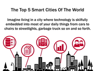 The Top 5 Smart Cities Of The World
Imagine living in a city where technology is skilfully
embedded into most of your daily things from cars to
chairs to streetlights, garbage truck so on and so forth.
 