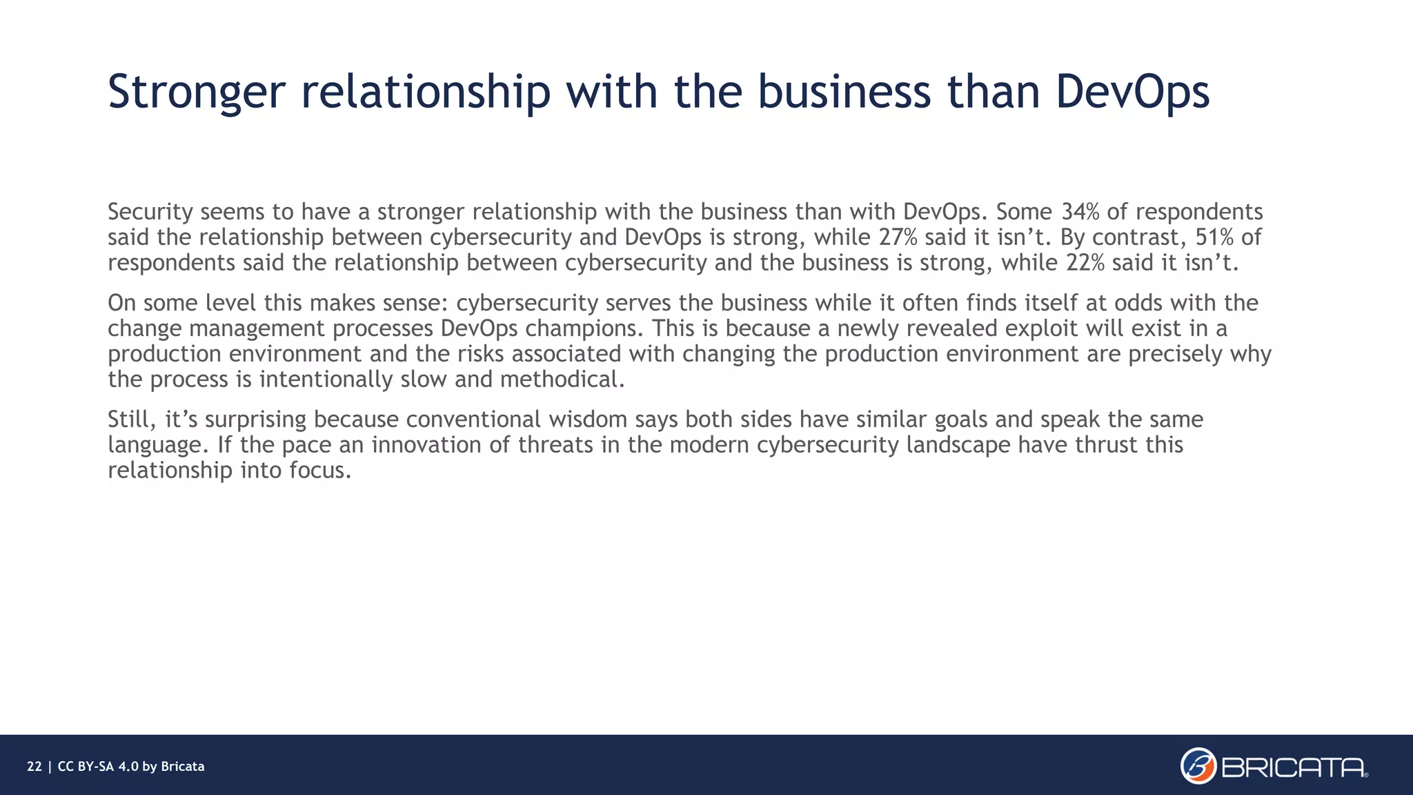 Stronger relationship with the business than DevOps
Security seems to have a stronger relationship with the business than with DevOps. Some 34% of respondents
said the relationship between cybersecurity and DevOps is strong, while 27% said it isn’t. By contrast, 51% of
respondents said the relationship between cybersecurity and the business is strong, while 22% said it isn’t.
On some level this makes sense: cybersecurity serves the business while it often finds itself at odds with the
change management processes DevOps champions. This is because a newly revealed exploit will exist in a
production environment and the risks associated with changing the production environment are precisely why
the process is intentionally slow and methodical.
Still, it’s surprising because conventional wisdom says both sides have similar goals and speak the same
language. If the pace an innovation of threats in the modern cybersecurity landscape have thrust this
relationship into focus.
22 | CC BY-SA 4.0 by Bricata
 