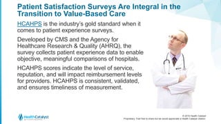© 2016 Health Catalyst
Proprietary. Feel free to share but we would appreciate a Health Catalyst citation.
Patient Satisfaction Surveys Are Integral in the
Transition to Value-Based Care
HCAHPS is the industry’s gold standard when it
comes to patient experience surveys.
Developed by CMS and the Agency for
Healthcare Research & Quality (AHRQ), the
survey collects patient experience data to enable
objective, meaningful comparisons of hospitals.
HCAHPS scores indicate the level of service,
reputation, and will impact reimbursement levels
for providers. HCAHPS is consistent, validated,
and ensures timeliness of measurement.
 