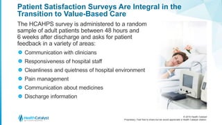 © 2016 Health Catalyst
Proprietary. Feel free to share but we would appreciate a Health Catalyst citation.
Patient Satisfaction Surveys Are Integral in the
Transition to Value-Based Care
The HCAHPS survey is administered to a random
sample of adult patients between 48 hours and
6 weeks after discharge and asks for patient
feedback in a variety of areas:
Communication with clinicians
Responsiveness of hospital staff
Cleanliness and quietness of hospital environment
Pain management
Communication about medicines
Discharge information
>
>
>
>
>
>
 