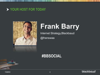 YOUR HOST FOR TODAY



                       Frank Barry
                       Internet Strategy,Blackbaud
                       @franswaa




                        #BBSOCIAL


7/3/2012                      2
 