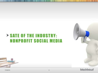 SATE OF THE INDUSTRY:
       NONPROFIT SOCIAL MEDIA




7/3/2012               3
 