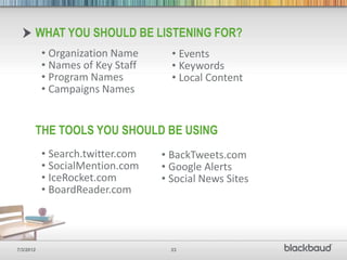 WHAT YOU SHOULD BE LISTENING FOR?
           • Organization Name      • Events
           • Names of Key Staff     • Keywords
           • Program Names          • Local Content
           • Campaigns Names


       THE TOOLS YOU SHOULD BE USING
           • Search.twitter.com   • BackTweets.com
           • SocialMention.com    • Google Alerts
           • IceRocket.com        • Social News Sites
           • BoardReader.com




7/3/2012                            33
 