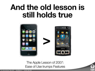 The Apple Lesson of 2007:
Ease of Use trumps Features
And the old lesson is
still holds true
>
 