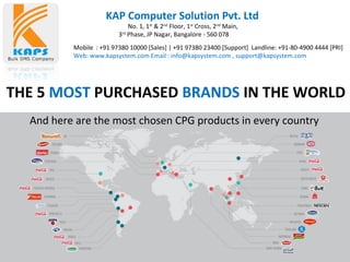 KAP Computer Solution Pvt. Ltd
No. 1, 1st
& 2nd
Floor, 1st
Cross, 2nd
Main,
3rd
Phase, JP Nagar, Bangalore - 560 078
Mobile : +91 97380 10000 [Sales] | +91 97380 23400 [Support] Landline: +91-80-4900 4444 [PRI]
Web: www.kapsystem.com Email : info@kapsystem.com , support@kapsystem.com
And here are the most chosen CPG products in every country
THE 5 MOST PURCHASED BRANDS IN THE WORLD
 