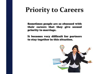 Priority to Careers
Sometimes people are so obsessed with
their careers that they give second
priority to marriage.
It becomes very difficult for partners
to stay together in this situation.

 