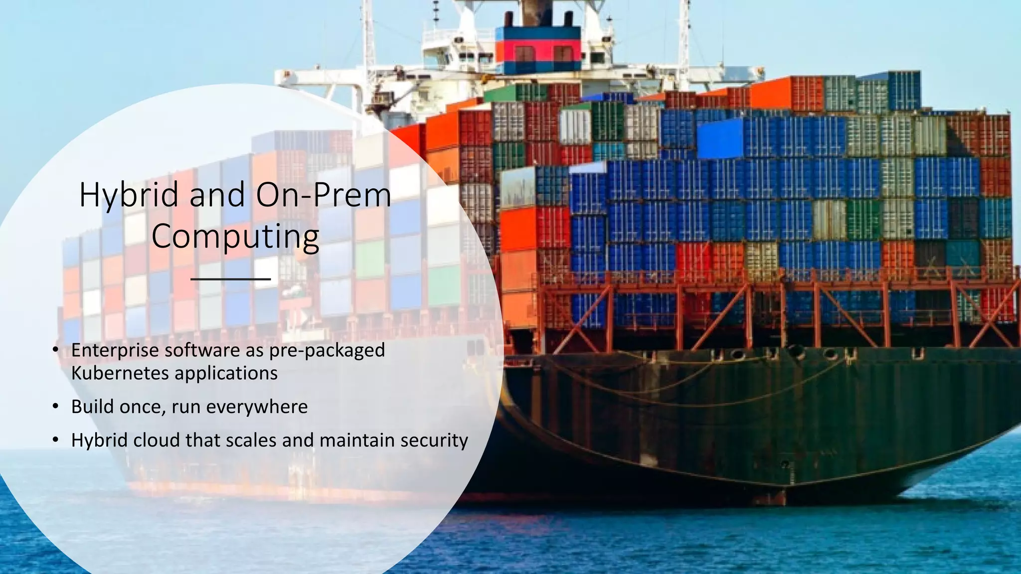 Hybrid and On-Prem
Computing
• Enterprise software as pre-packaged
Kubernetes applications
• Build once, run everywhere
• Hybrid cloud that scales and maintain security
 