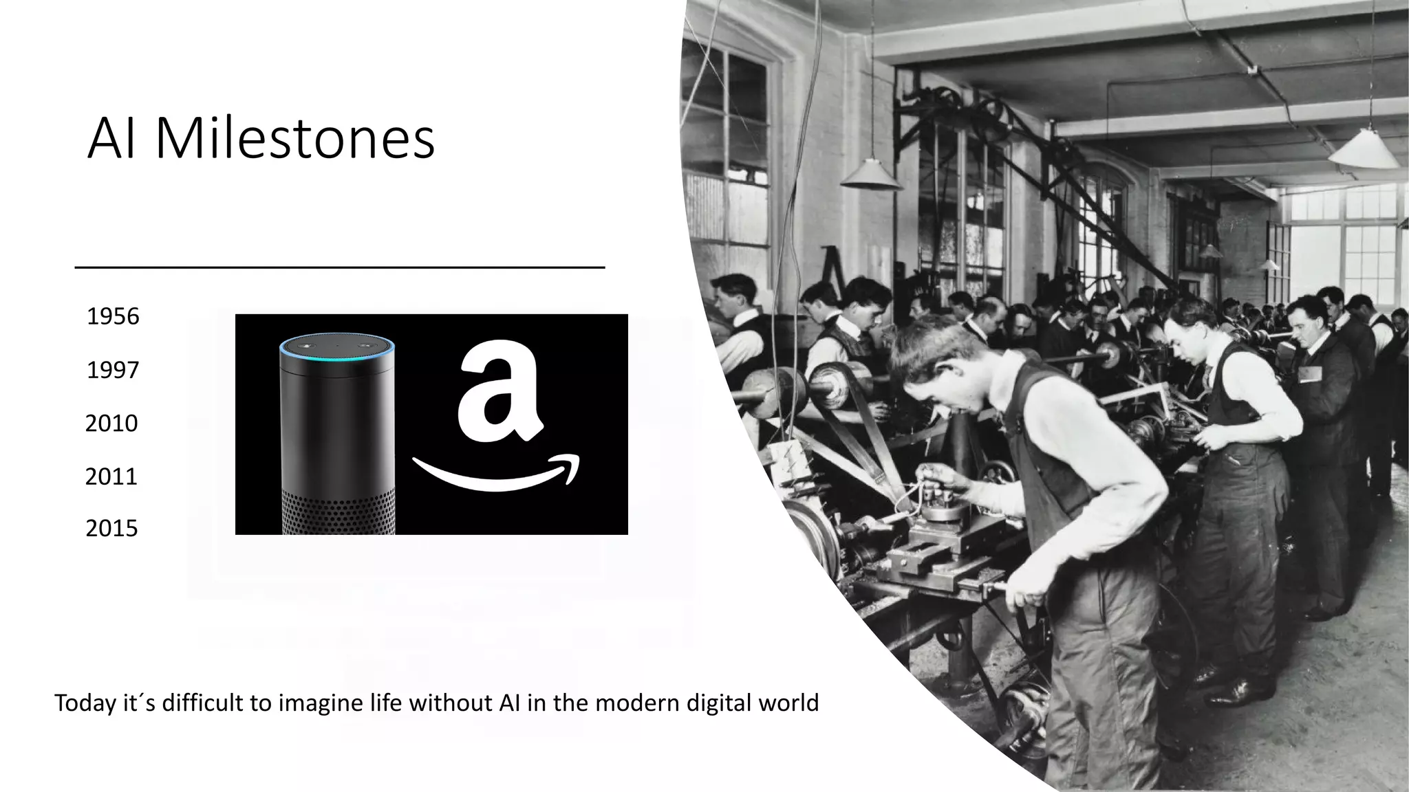 AI Milestones
1956
1997
2010
2011
2015
Today it´s difficult to imagine life without AI in the modern digital world
 