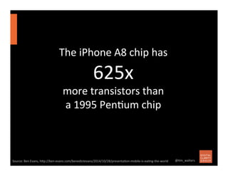 The	
  iPhone	
  A8	
  chip	
  has	
  
625x	
  
more	
  transistors	
  than	
  
a	
  1995	
  Pen7um	
  chip	
  
Source:	
 ...