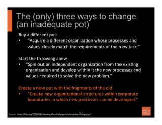 63	
  
Buy	
  a	
  diﬀerent	
  pot:	
  	
  
•  “Acquire	
  a	
  diﬀerent	
  organiza7on	
  whose	
  processes	
  and	
  
v...