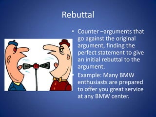 Rebuttal
  • Counter –arguments that
    go against the original
    argument, finding the
    perfect statement to give
    an initial rebuttal to the
    argument.
  • Example: Many BMW
    enthusiasts are prepared
    to offer you great service
    at any BMW center.
 
