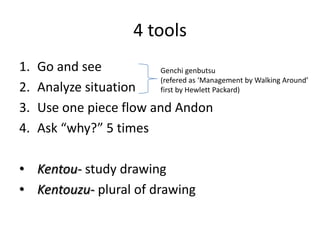 4 tools
1.   Go and see           Genchi genbutsu
                          (refered as ‘Management by Walking Around’
2.   Analyze situation    first by Hewlett Packard)

3.   Use one piece flow and Andon
4.   Ask “why?” 5 times

• Kentou- study drawing
• Kentouzu- plural of drawing
 