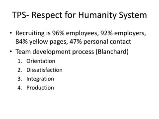TPS- Respect for Humanity System
• Recruiting is 96% employees, 92% employers,
  84% yellow pages, 47% personal contact
• Team development process (Blanchard)
  1.   Orientation
  2.   Dissatisfaction
  3.   Integration
  4.   Production
 