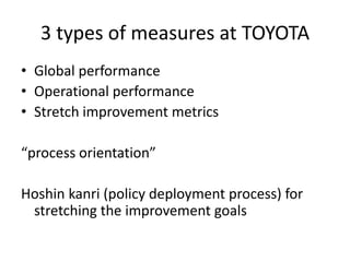 3 types of measures at TOYOTA
• Global performance
• Operational performance
• Stretch improvement metrics

“process orientation”

Hoshin kanri (policy deployment process) for
 stretching the improvement goals
 
