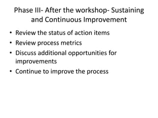 Phase III- After the workshop- Sustaining
     and Continuous Improvement
• Review the status of action items
• Review process metrics
• Discuss additional opportunities for
  improvements
• Continue to improve the process
 