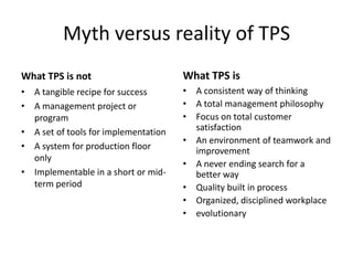 Myth versus reality of TPS
What TPS is not                       What TPS is
• A tangible recipe for success       • A consistent way of thinking
• A management project or             • A total management philosophy
  program                             • Focus on total customer
• A set of tools for implementation     satisfaction
                                      • An environment of teamwork and
• A system for production floor         improvement
  only
                                      • A never ending search for a
• Implementable in a short or mid-      better way
  term period                         • Quality built in process
                                      • Organized, disciplined workplace
                                      • evolutionary
 