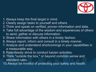 1. Always keep the final target in mind.
2. Clearly assign tasks to yourself and others.
3. Think and speak on verified, proven information and data.
4. Take full advantage of the wisdom and experiences of others
to send, gather or discuss information.
5. Share information with others in a timely fashion.
6. Always report, inform and consult in a timely manner.
7. Analyze and understand shortcomings in your capabilities in
a measurable way.
8. Relentlessly strive to conduct kaizen activities.
9. Think "outside the box," or beyond common sense and
standard rules.
10.Always be mindful of protecting your safety and health.

 
