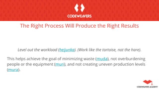 The Right Process Will Produce the Right Results
Level out the workload (heijunka). (Work like the tortoise, not the hare).
This helps achieve the goal of minimizing waste (muda), not overburdening
people or the equipment (muri), and not creating uneven production levels
(mura).
 