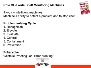 Role Of Jikoda : Self Monitoring Machines
Jikoda – Intelligent machines
Machine’s ability to detect a problem and to stop itself.
Problem solving Cycle
1. Recognition
2. Elevate
3. Evaluate
4. Control
5. Containment
6. Prevention
Poka Yoke
“Mistake Proofing’’ or ‘’Error proofing’’
 