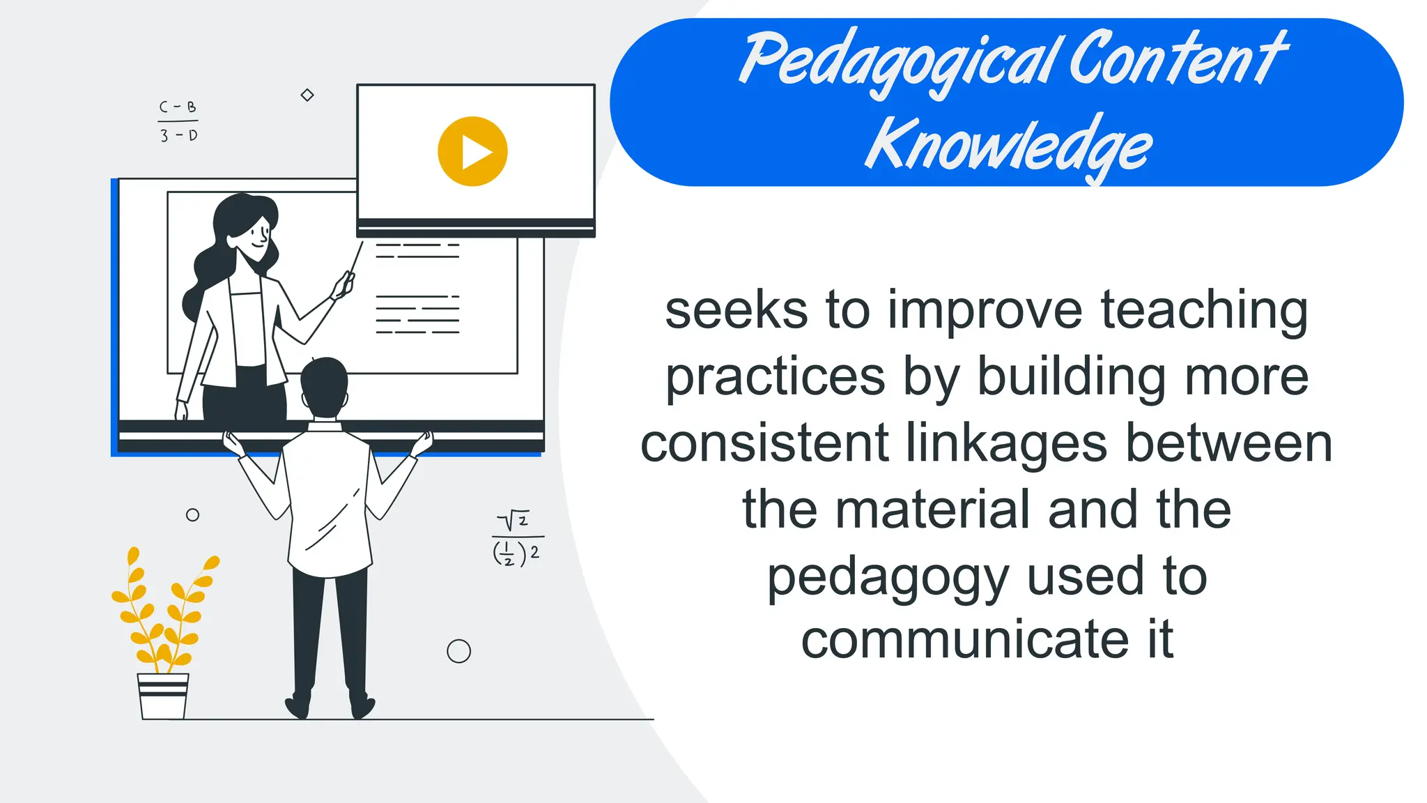 CREDITS: This presentation
template was created by Slidesgo,
including icons by Flaticon, and
infographics & images by Freepik
Pedagogical Content
Knowledge
seeks to improve teaching
practices by building more
consistent linkages between
the material and the
pedagogy used to
communicate it
 