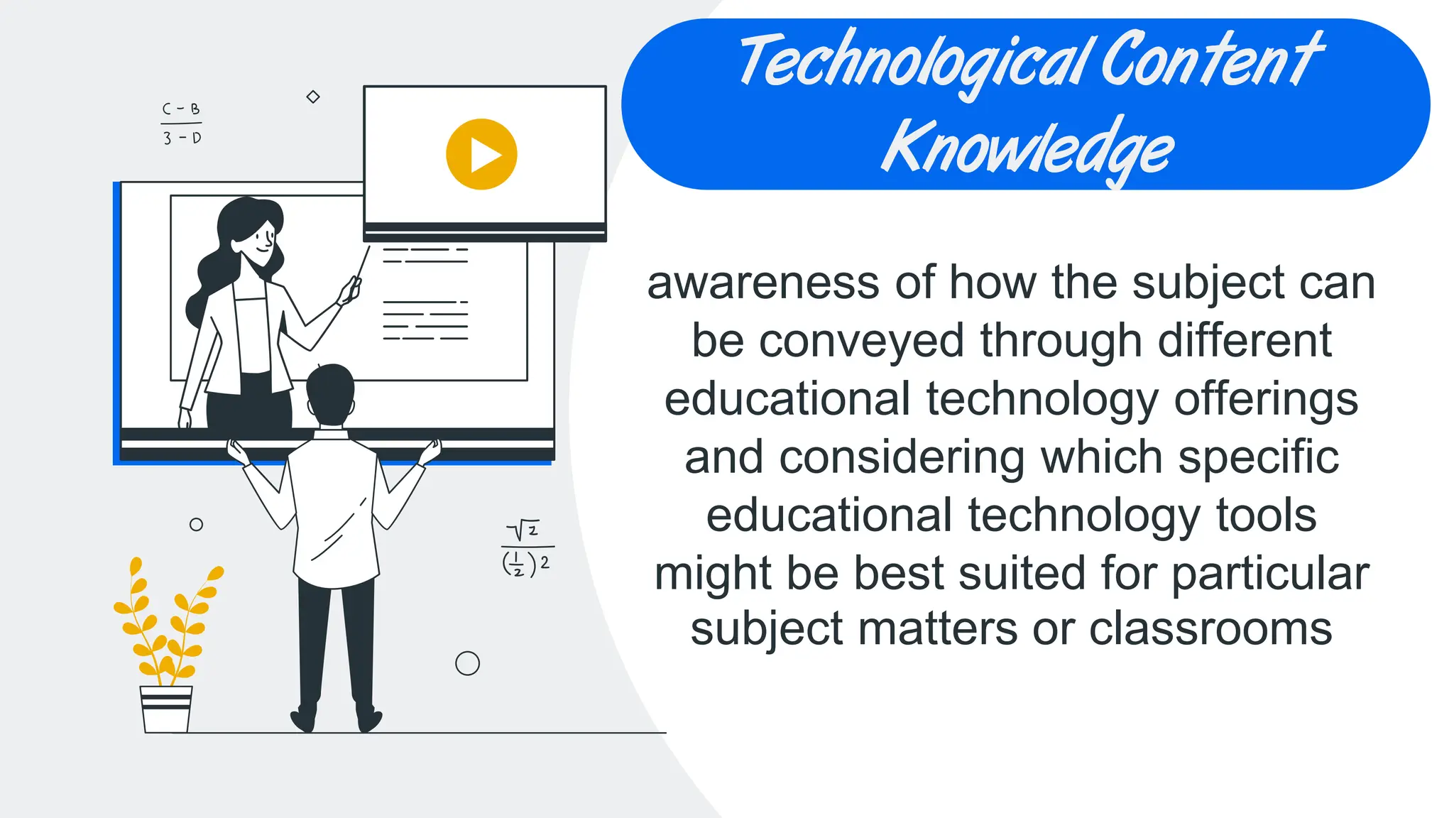CREDITS: This presentation
template was created by Slidesgo,
including icons by Flaticon, and
infographics & images by Freepik
Technological Content
Knowledge
awareness of how the subject can
be conveyed through different
educational technology offerings
and considering which specific
educational technology tools
might be best suited for particular
subject matters or classrooms
 