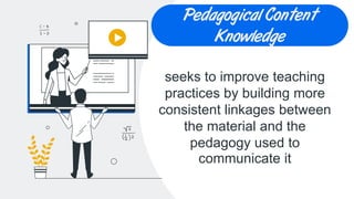 CREDITS: This presentation
template was created by Slidesgo,
including icons by Flaticon, and
infographics & images by Freepik
Pedagogical Content
Knowledge
seeks to improve teaching
practices by building more
consistent linkages between
the material and the
pedagogy used to
communicate it
 