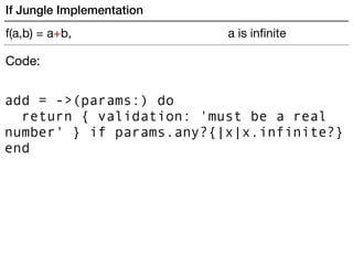 add = ->(params:) do
return { validation: 'must be a real
number' } if params.any?{|x|x.infinite?}
end
Code:
If Jungle Imp...