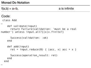 Code:
class Add
…
def validate(input)
return Failure(validation: 'must be a real
number') unless input.all?{|x|x.finite?}
...