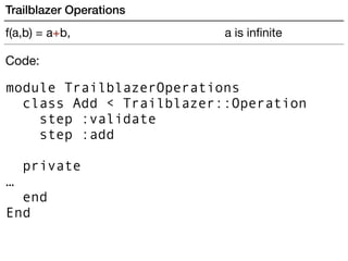 Code:
module TrailblazerOperations
class Add < Trailblazer::Operation
step :validate
step :add
private
…
end
End
Trailblazer Operations
f(a,b) = a+b, a is inﬁnite
 