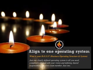 Align to one operating system
What is your B.O.S.S? (Business Operating Structure & System)
Just one clearly deﬁned operating system is all you need,
completely aligned with your vision and deﬁning shared
responsibility for every team member. Just one.
 