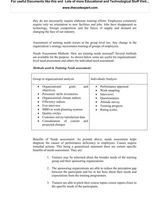 For useful Documents like this and Lots of more Educational and Technological Stuff Visit...

                                     www.thecodexpert.com



              they do not necessarily require elaborate training efforts. Employees commonly
              require only an orientation to new facilities and jobs. Jobs have disappeared as
              technology, foreign competition, and the forces of supply and demand are
              changing the face of our industry.


              Assessment of training needs occurs at the group level too. Any change in the
              organization’s strategy necessitates training of groups of employees.

              Needs Assessment Methods: How are training needs assessed? Several methods
              are available for the purpose. As shown below some are useful for organizational-
              level need assessment and others for individual need assessment.

              Methods used in Training Needs assessment:


              Group or organizational analysis              Individuals Analysis

                 •   Organizational        goals     and        •   Performance appraisal
                     objectives.                                •   Work sampling
                 •   Personnel /skills inventories              •   Interviews
                 •   Organizational climate indices             •   Questionnaires
                 •   Efficiency indices                         •   Attitude survey
                 •   Exit interview                             •   Training progress
                 •   MBO or work planning systems               •   Rating scales.
                 •   Quality circles
                 •   Customer survey/satisfaction data
                 •   Consideration of current and
                     projected changes



              Benefits of Needs assessment: As pointed above, needs assessment helps
              diagnose the causes of performance deficiency in employees. Causes require
              remedial actions. This being a generalized statement there are certain specific
              benefits of needs assessment. They are:

                         1. Trainers may be informed about the broader needs of the training
                            group and their sponsoring organizations.

                         2. The sponsoring organizations are able to reduce the perception gap
                            between the participant and his or her boss about their needs and
                            expectations from the training programmes.

                         3. Trainers are able to pitch their course inputs course inputs closer to
                            the specific needs of the participants.
 