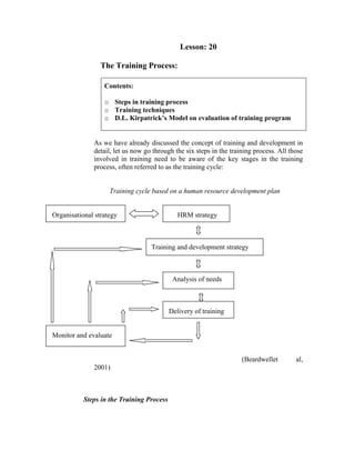 Lesson: 20
The Training Process:
Contents:
o Steps in training process
o Training techniques
o D.L. Kirpatrick’s Model on evaluation of training program
As we have already discussed the concept of training and development in
detail, let us now go through the six steps in the training process. All those
involved in training need to be aware of the key stages in the training
process, often referred to as the training cycle:
Training cycle based on a human resource development plan
Organisational strategy HRM strategy
Training and development strategy
Analysis of needs
Delivery of training
Monitor and evaluate
(Beardwellet al,
2001)
Steps in the Training Process
 