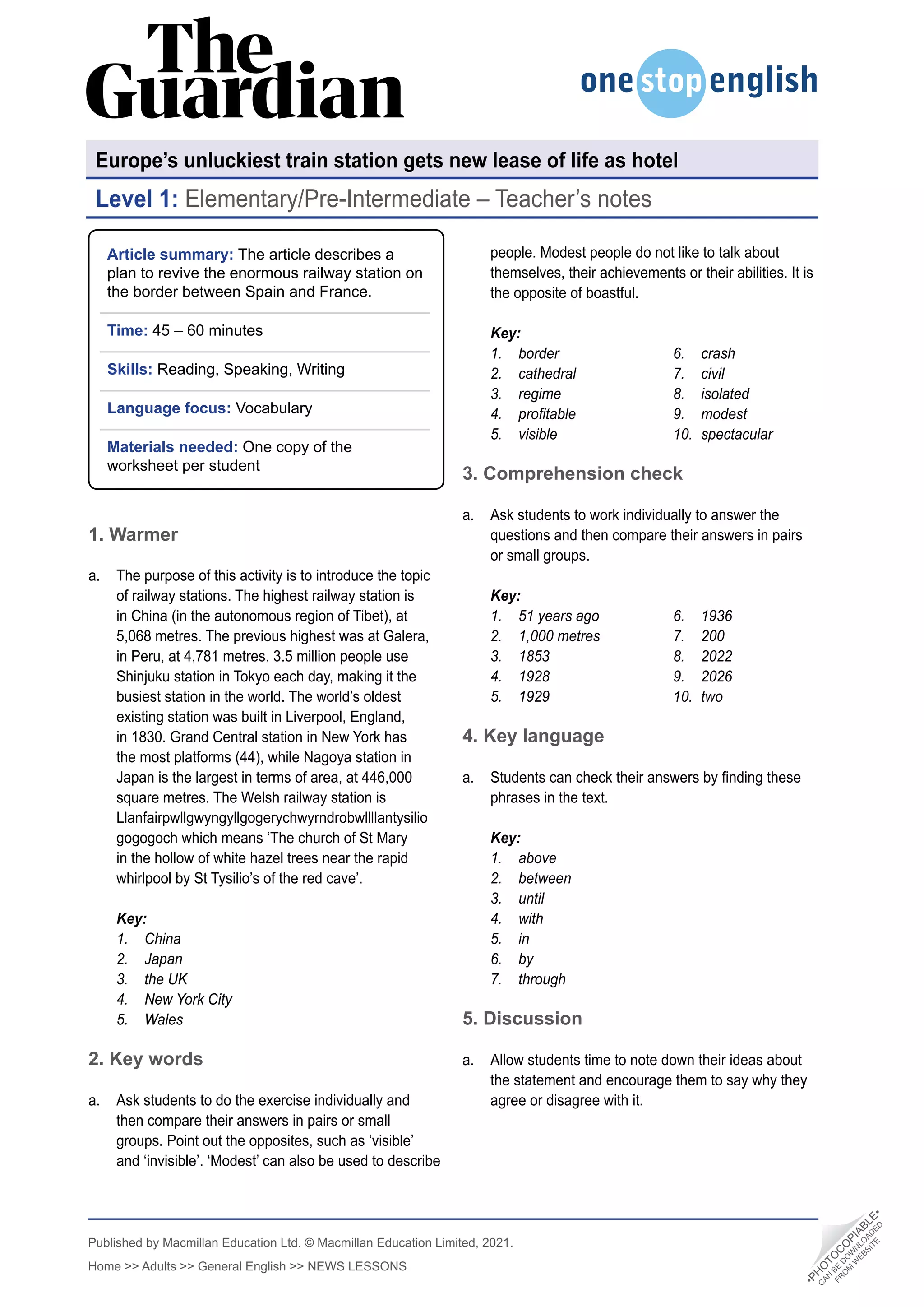 The Train Station Hotel - elementary article lesson.pdf