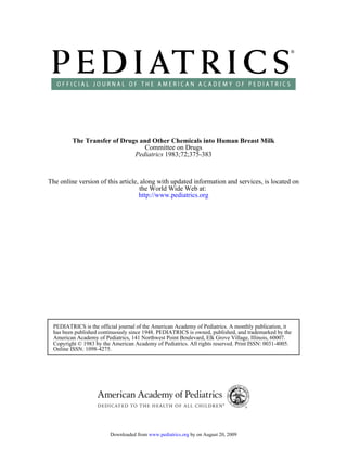 The Transfer of Drugs and Other Chemicals into Human Breast Milk
                                 Committee on Drugs
                             Pediatrics 1983;72;375-383



The online version of this article, along with updated information and services, is located on
                                    the World Wide Web at:
                                   http://www.pediatrics.org




 PEDIATRICS is the official journal of the American Academy of Pediatrics. A monthly publication, it
 has been published continuously since 1948. PEDIATRICS is owned, published, and trademarked by the
 American Academy of Pediatrics, 141 Northwest Point Boulevard, Elk Grove Village, Illinois, 60007.
 Copyright © 1983 by the American Academy of Pediatrics. All rights reserved. Print ISSN: 0031-4005.
 Online ISSN: 1098-4275.




                        Downloaded from www.pediatrics.org by on August 20, 2009
 