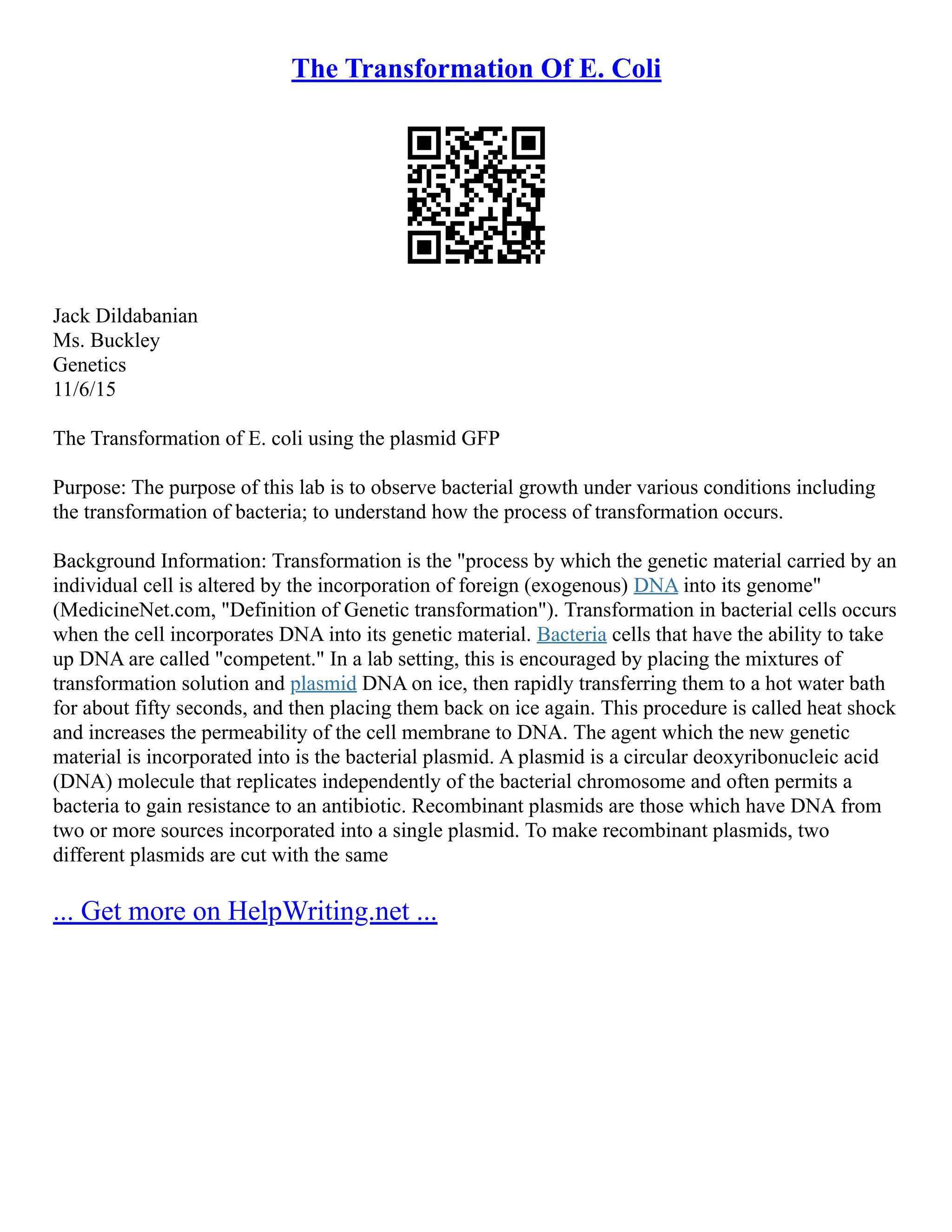 The Transformation Of E. Coli | PDF