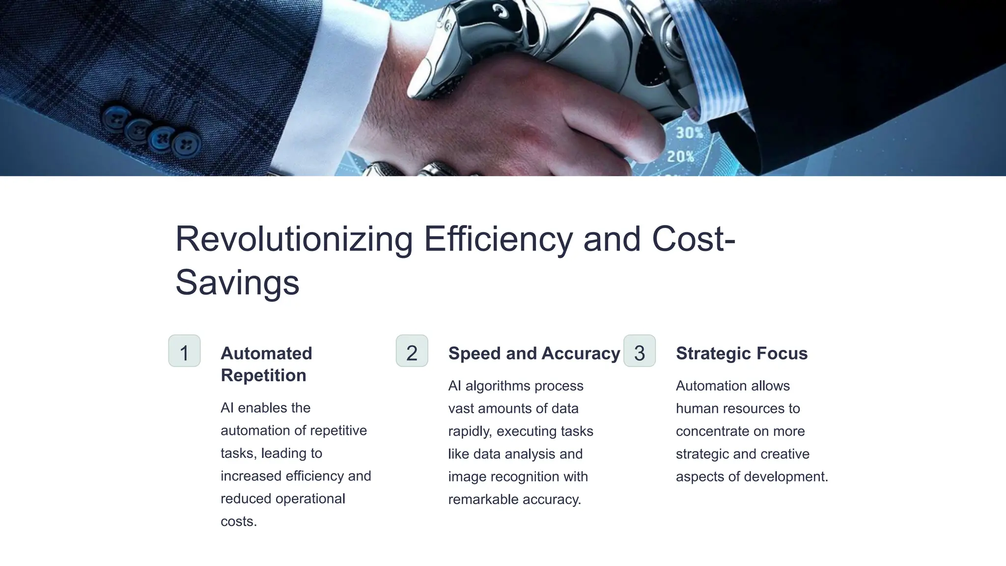 Revolutionizing Efficiency and Cost-
Savings
1 Automated
Repetition
AI enables the
automation of repetitive
tasks, leading to
increased efficiency and
reduced operational
costs.
2 Speed and Accuracy
AI algorithms process
vast amounts of data
rapidly, executing tasks
like data analysis and
image recognition with
remarkable accuracy.
3 Strategic Focus
Automation allows
human resources to
concentrate on more
strategic and creative
aspects of development.
 