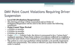 DMV Point Count Violations Requiring Driver Suspension Level III (Probation/Suspension) The driving privilege will be suspended and an Order of Probation/Suspension will be sent to the driver under the following conditions: Point Count Time Period 4 Within 12 months  6 Within 24 months  8 Within 36 months  Under  12810.5  Vehicle Code, the driver is presumed to be a "prima facie" negligent operator. Prima facie evidence is evidence sufficient to establish a given fact and which, if not rebutted or contradicted, will remain sufficient.  The action is a one year probation which includes a six month suspension which run concurrently. The action is effective 34 days from the date the order is mailed.  The Transportation Guys 