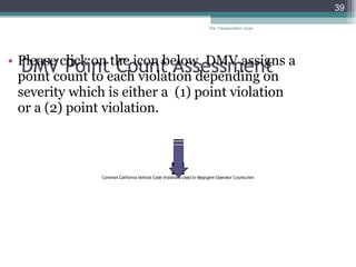 DMV Point Count Assessment Please click on the icon below. DMV assigns a point count to each violation depending on severity which is either a  (1) point violation or a (2) point violation. The Transportation Guys 