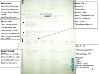 The Transportation Guys Section One (1 ) Date; CDL #; Birth Date Name; Current Address Previous 3-year address history; Identifying information Section Two (2) Date Licensed issued; CDL expiration date; Class certified to drive; Authorized endorsement  Date commercial medical card expires. Section Three (3) DMV lists any certificates Commercial license status License Status Personal  Departmental Actions Section Four (4)  Convictions  Violation Date Conviction Date Section/Vehicle Code cited  Court Docket Number  Court Location  Vehicle/License Number Step five (5) Failures to appear/ FTA Failures to pay/ FTP Accidents Date  Location Vehicle/License  Accident Report Number FR Case Number. 