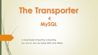 The Transporter
4
MySQL
A visual Guide 4 Importing & Exporting
csv, xml, tsv, text, sql, MySql, HDFS, Hive, HBase
 