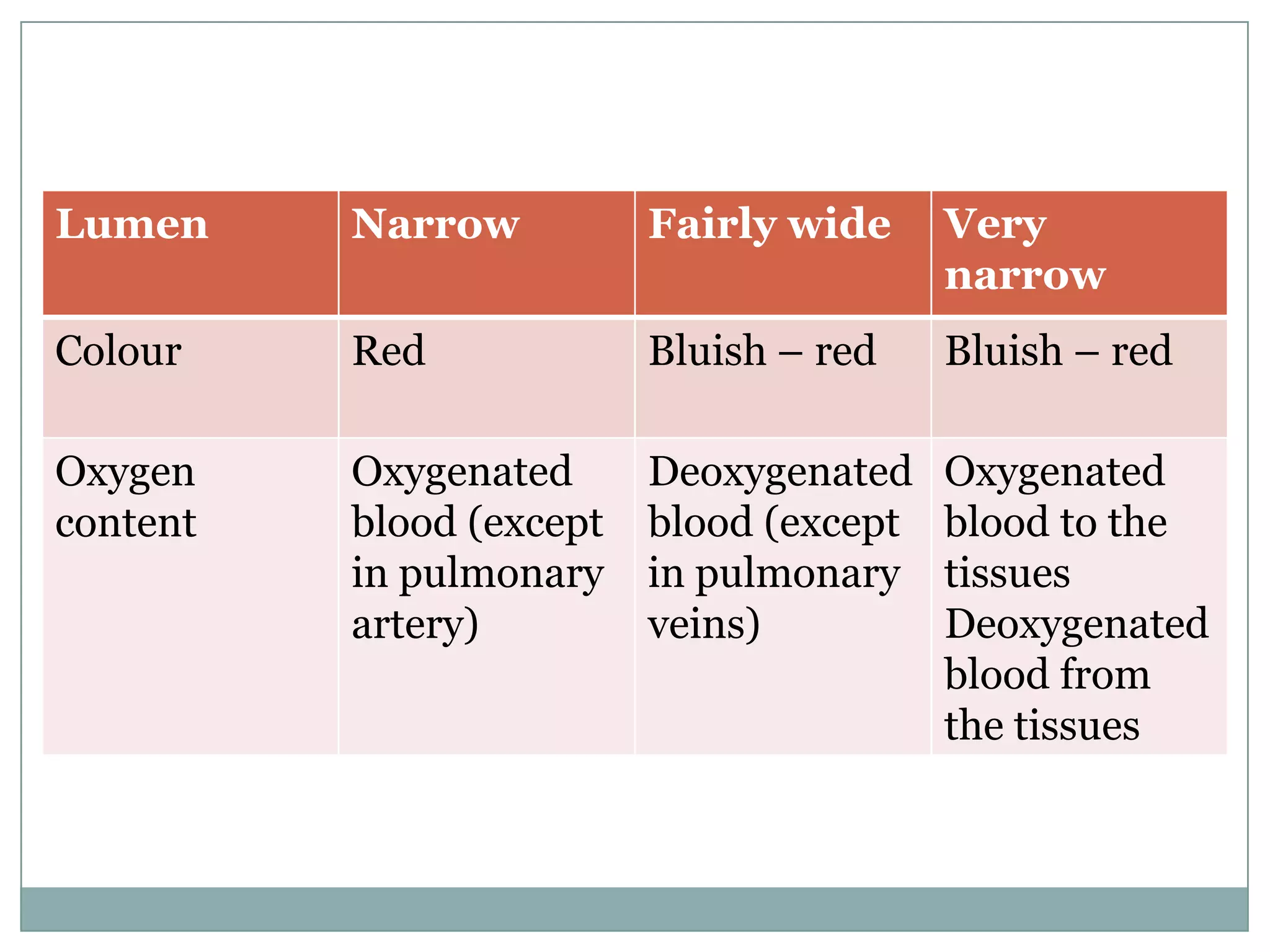 Lumen Narrow Fairly wide Very
narrow
Colour Red Bluish – red Bluish – red
Oxygen
content
Oxygenated
blood (except
in pulmonary
artery)
Deoxygenated
blood (except
in pulmonary
veins)
Oxygenated
blood to the
tissues
Deoxygenated
blood from
the tissues
 