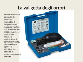 La valigetta degli orrori 
set di rianimazione 
completo di: 
bombola 
ricaricabile di 
ossigeno da 0,5 LT 
in acciaio, riduttore 
con manometro ed 
erogatore, pallone 
rianimatore, 
maschera 
rianimazione, 2 
cannule di Guedel, 
pinza tiralingua, 
apribocca 
elicoidale, tubo 
atossico, in 
contenitore plastico 
antiurto. 
 