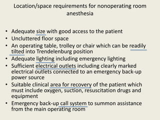 Location/space requirements for nonoperating room 
anesthesia 
• Adequate size with good access to the patient 
• Uncluttered floor space 
• An operating table, trolley or chair which can be readily 
tilted into Trendelenburg position 
• Adequate lighting including emergency lighting 
• Sufficient electrical outlets including clearly marked 
electrical outlets connected to an emergency back-up 
power source 
• Suitable clinical area for recovery of the patient which 
must include oxygen, suction, resuscitation drugs and 
equipment 
• Emergency back-up call system to summon assistance 
from the main operating room 
 