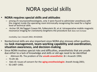 NORA special skills 
• NORA requires special skills and attitudes 
– among 25 neuroanesthesiologists, only 3 were found to administer anesthesia with 
the magnet inside the operating room intrinsically recognizing the need for a higher 
level of technical skills. 
– Archer DP, McTaggart Cowan RA, Falkenstein RJ, et al. Intraoperative mobile magnetic 
resonance imaging for craniotomy lengthens the procedure but does not increase 
morbidity. Can J Anesth 2002; 49:420426 
• Nontechnical skills are also important since NORA also stresses other qualities, 
like task management, team-working capability and coordination, 
situation awareness, and decision-making. 
• Since NORA involves special risks and difficulties, anaesthetists that are unsafe 
due either to a lack of knowledge and skills or old age need to be identified 
– Atkinson RS. The problem of the unsafe anaesthetist. Br J Anaesth 1994; 
– 73:29–30. 
– Katz JD. Issues of concern for the aging anesthesiologist. Anesth Analg 2001; 
– 92:1487–1492. 
 